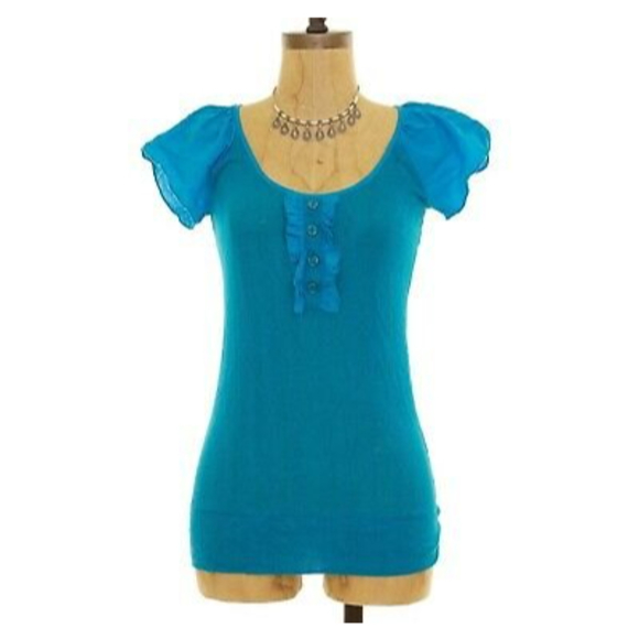 Arden B Tops - Arden B Henley Top Size XS Ruffle Flutter Sleeve Stretch Turquoise Blue EUC B67